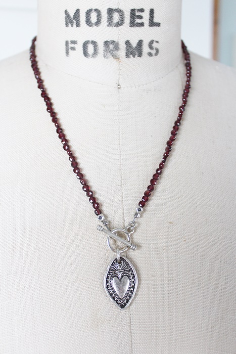 Sacred Heart Charm on Garnet Beaded Necklace - The Mercy Necklace
