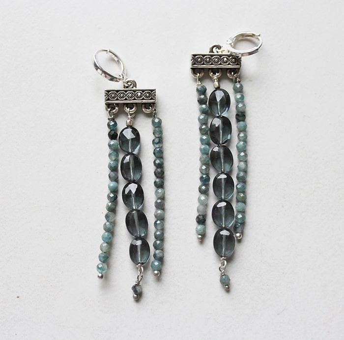 Faceted Blue Quartz and Grandidierite Beaded Chandelier Earrings  - The Kitson Earrings