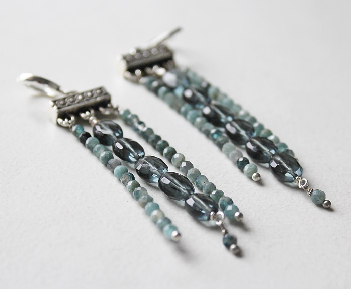 Faceted Blue Quartz and Grandidierite Beaded Chandelier Earrings  - The Kitson Earrings