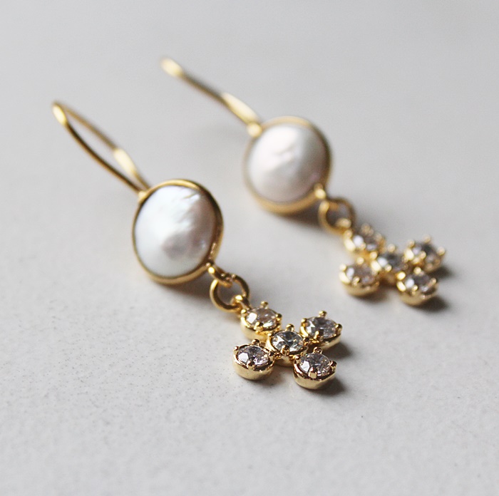 Fresh Water Pearl Earrings with CZ Cross - The Grace Earrings