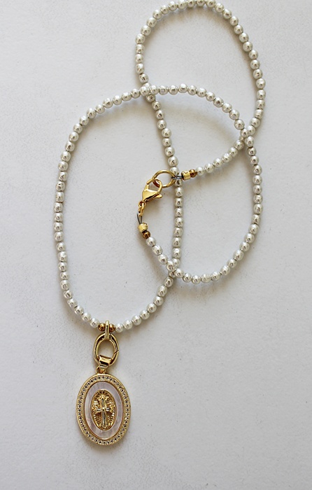Vintage Japanese Glass Pearls with CZ Cross Necklace - The Blessed Necklace