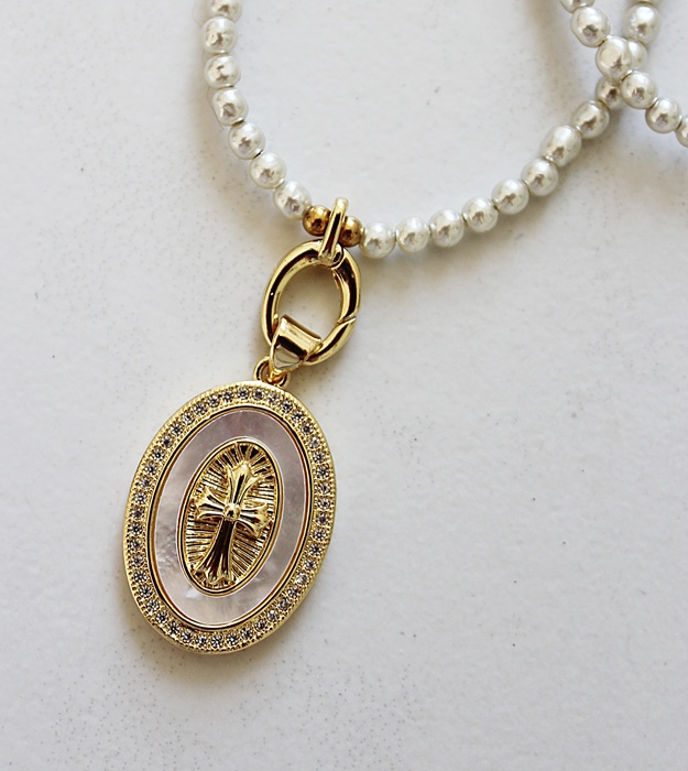 Vintage Japanese Glass Pearls with CZ Cross Necklace - The Blessed Necklace