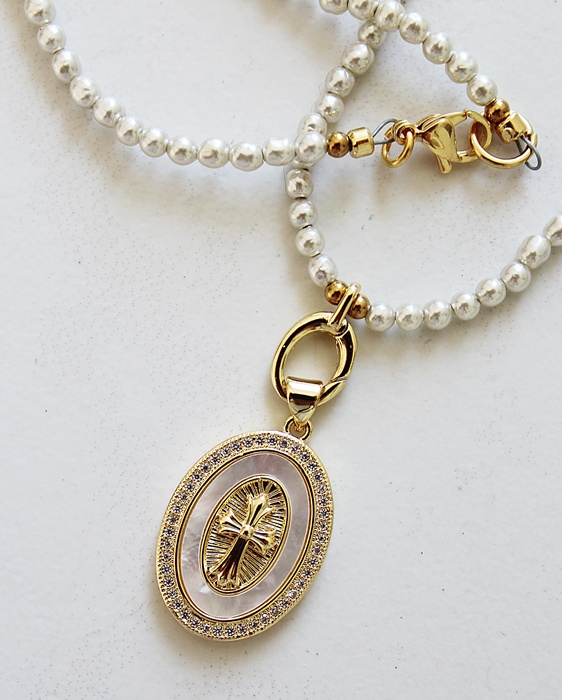 Vintage Japanese Glass Pearls with CZ Cross Necklace - The Blessed Necklace