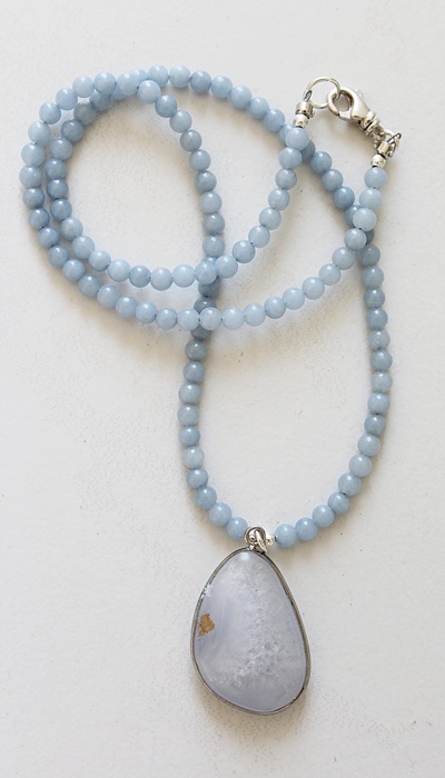 OOAK Blue Opal Pendant & Lace Agate Beaded Necklace - The Skye Necklace