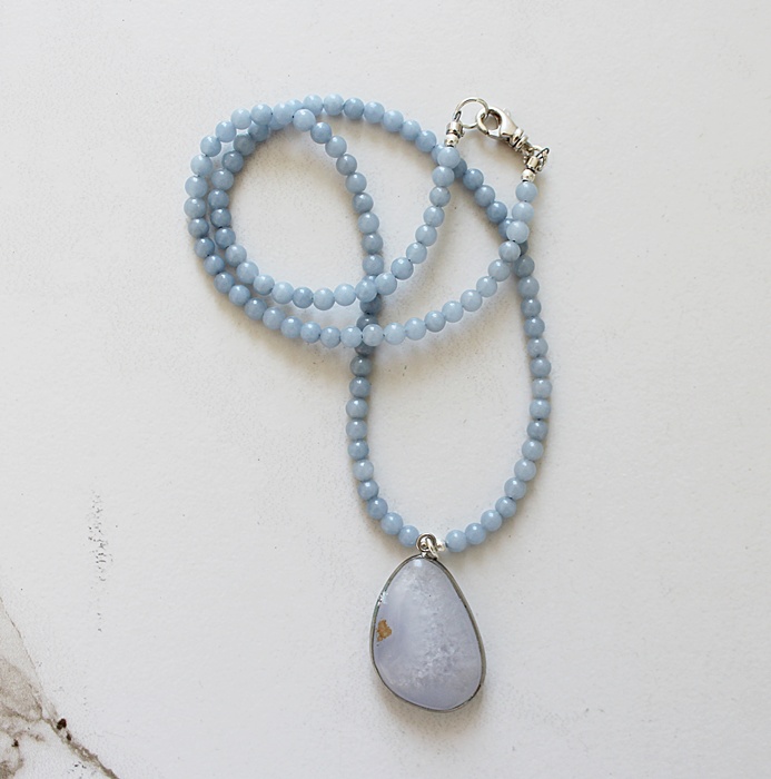 OOAK Blue Opal Pendant & Lace Agate Beaded Necklace - The Skye Necklace