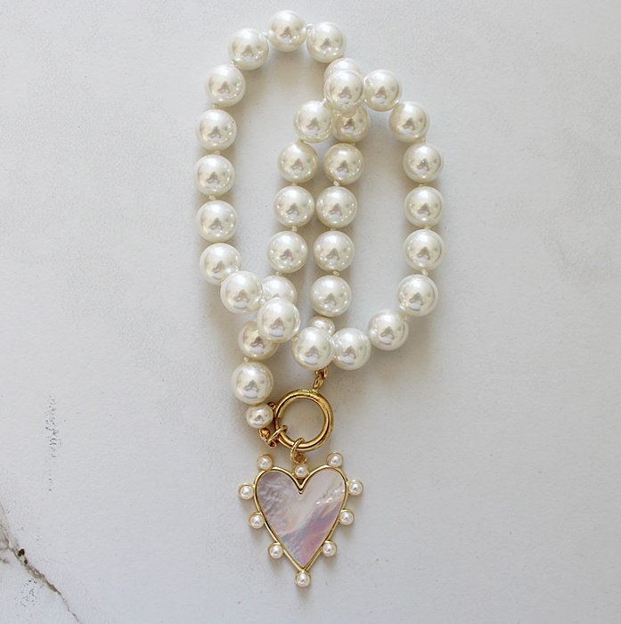 Vintage Glass Pearl Necklace & MOP Heart Pendant - The Lauren Necklace