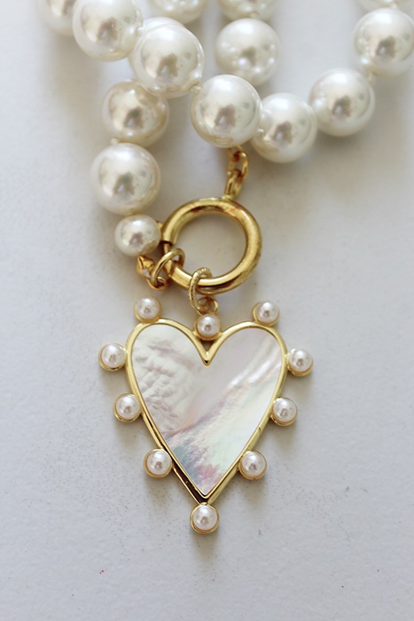 Vintage Glass Pearl Necklace & MOP Heart Pendant - The Lauren Necklace