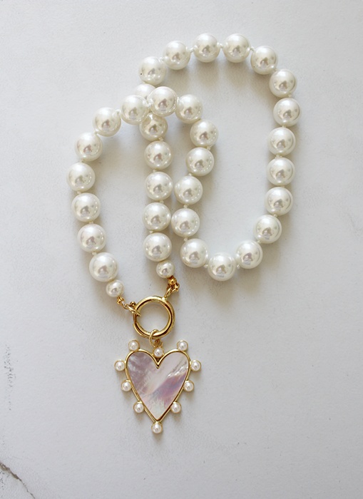 Vintage Glass Pearl Necklace & MOP Heart Pendant - The Lauren Necklace