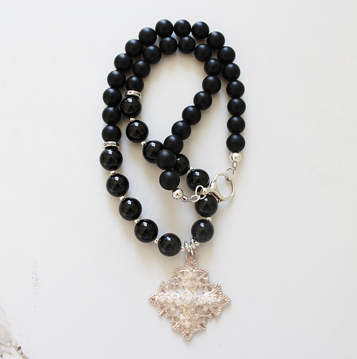 OOAK Black Onyx & Silver Cross Necklace - The Story Necklace