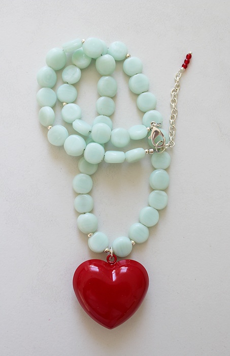 Vintage Aqua Glass & Red Heart Necklace - The Happy Necklace