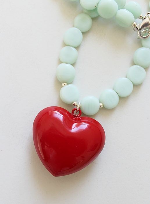 Vintage Aqua Glass & Red Heart Necklace - The Happy Necklace
