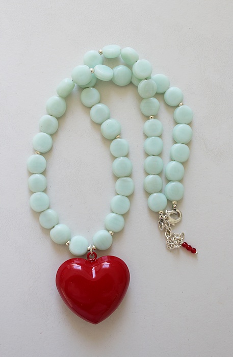 Vintage Aqua Glass & Red Heart Necklace - The Happy Necklace