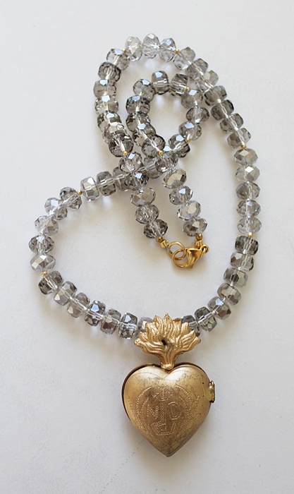Ex Voto Milagro Vintage Brass Heart Locket  & Czech Glass Necklace - The Milagro Necklace