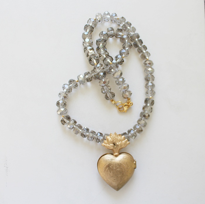 Ex Voto Milagro Vintage Brass Heart Locket  & Czech Glass Necklace - The Milagro Necklace