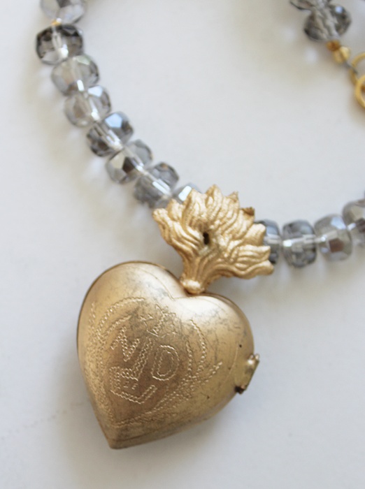 Ex Voto Milagro Vintage Brass Heart Locket  & Czech Glass Necklace - The Milagro Necklace