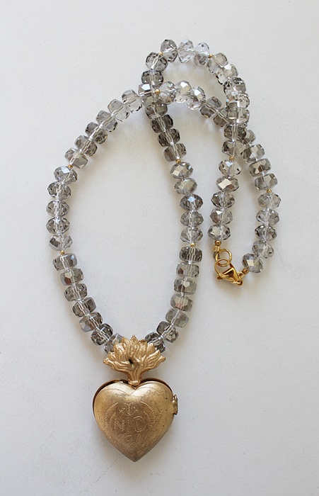 Ex Voto Milagro Vintage Brass Heart Locket  & Czech Glass Necklace - The Milagro Necklace