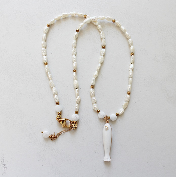 Fresh Water Pearl + Moonstone OR Amazonite Cube Necklace - The Fishy Fishy Necklace