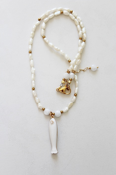 Fresh Water Pearl + Moonstone OR Amazonite Cube Necklace - The Fishy Fishy Necklace
