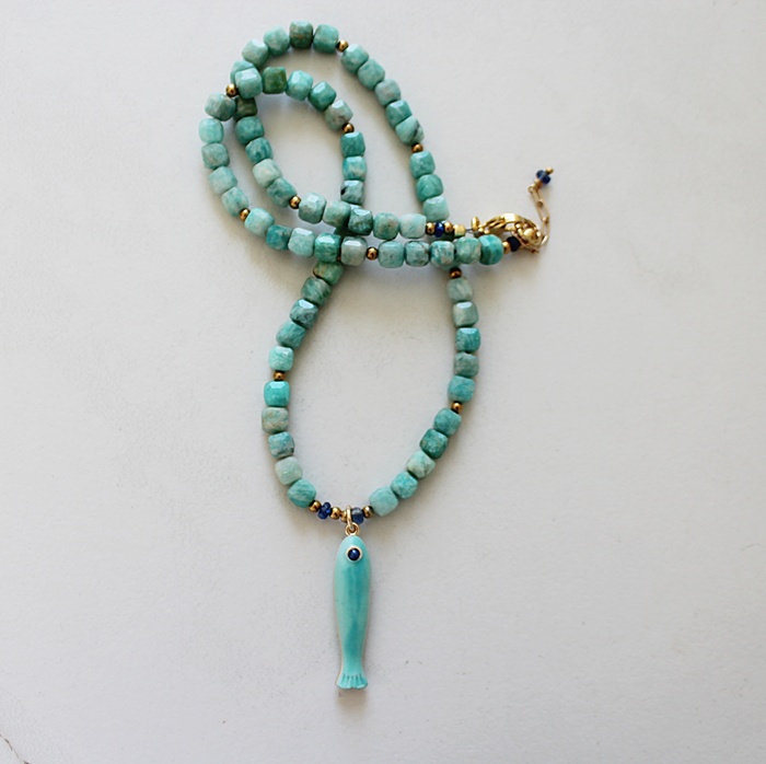 Fresh Water Pearl + Moonstone OR Amazonite Cube Necklace - The Fishy Fishy Necklace
