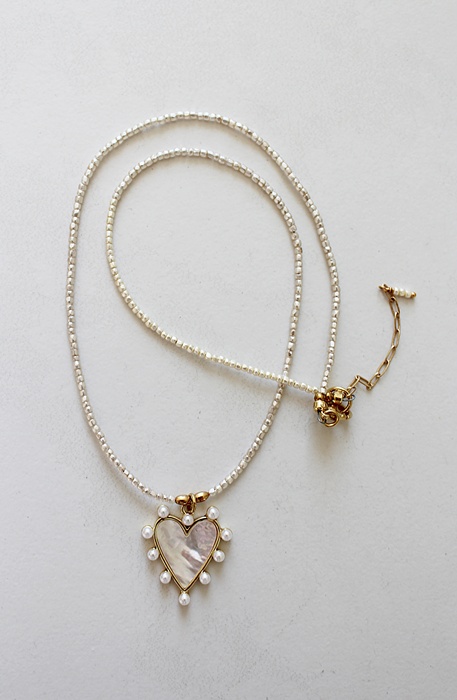 Vintage Glass Micro Pearls + Petite MOP Heart Necklace - The Petite Lauren Necklace