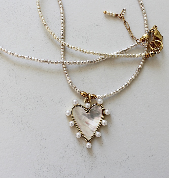 Vintage Glass Micro Pearls + Petite MOP Heart Necklace - The Petite Lauren Necklace