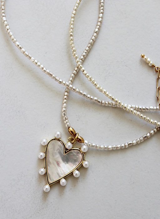 Vintage Glass Micro Pearls + Petite MOP Heart Necklace - The Petite Lauren Necklace