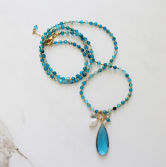 Apatite Beaded Necklace with Teal Quartz Pendant - The Jenna Necklace
