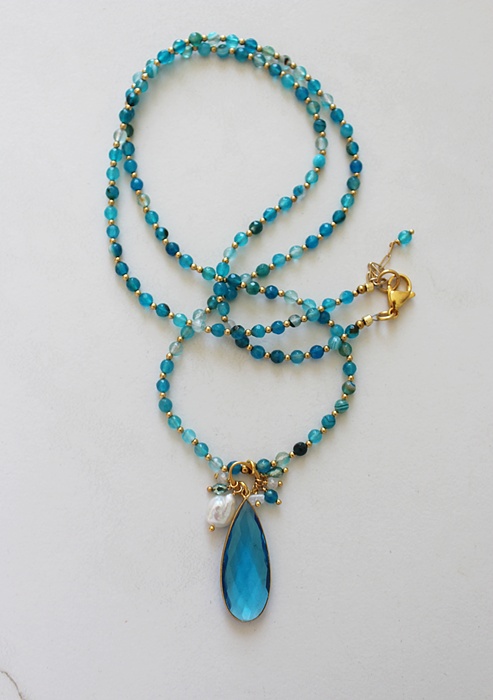 Apatite Beaded Necklace with Teal Quartz Pendant - The Jenna Necklace