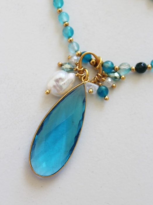 Apatite Beaded Necklace with Teal Quartz Pendant - The Jenna Necklace