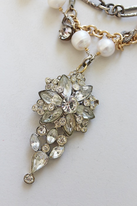 OOAK Rhinestone, Fresh Water Pearl, Chain - The Tiffany Necklace