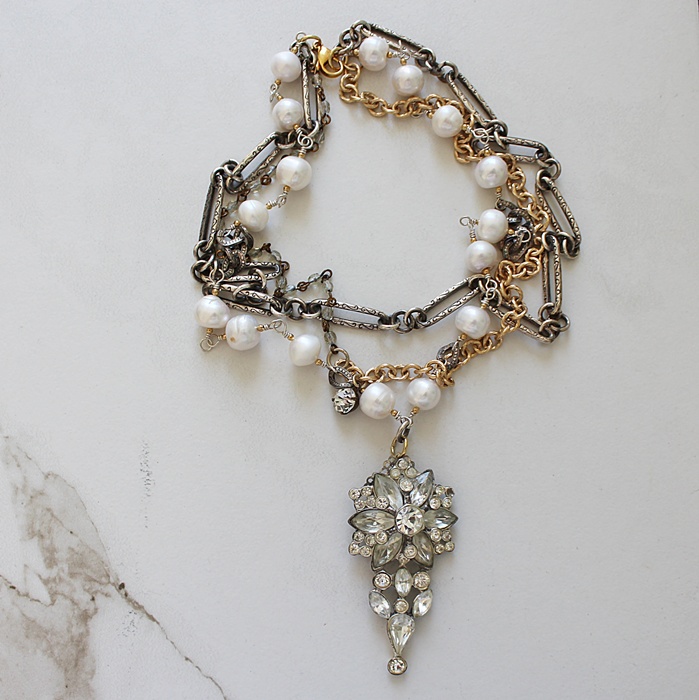 OOAK Rhinestone, Fresh Water Pearl, Chain - The Tiffany Necklace