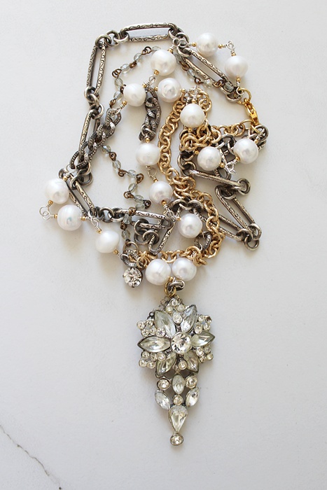 OOAK Rhinestone, Fresh Water Pearl, Chain - The Tiffany Necklace