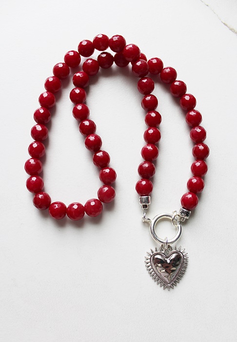 Ruby Red Faceted Jade and Sterling Heart Necklace - The Charlotte Necklace