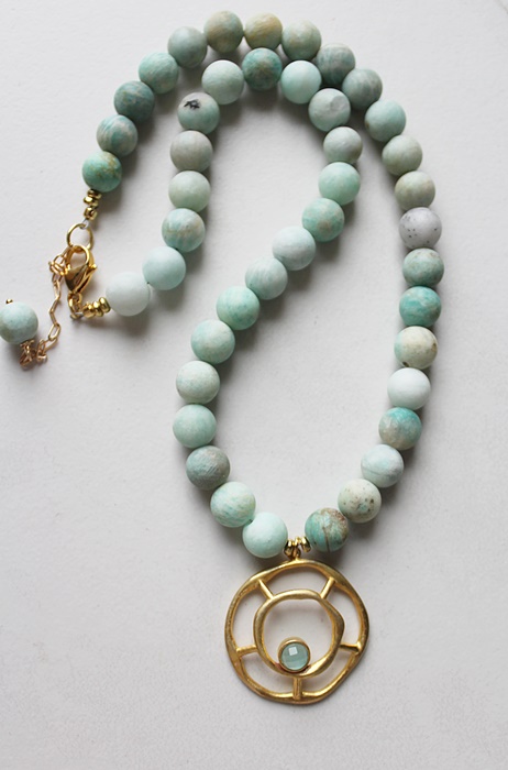 Amazonite and Gold Aqua Chalcedony Pendant - The Aria Necklace