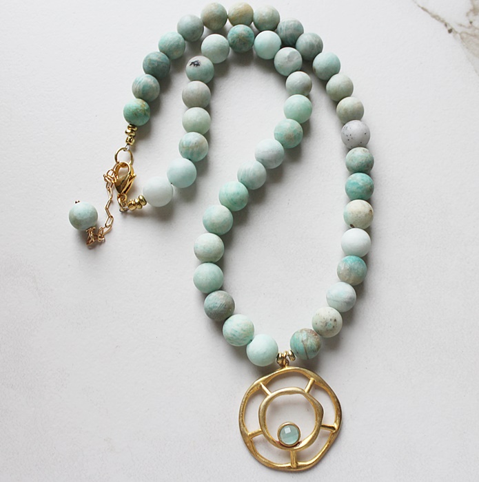 Amazonite and Gold Aqua Chalcedony Pendant - The Aria Necklace