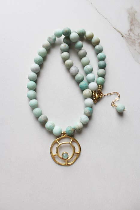 Amazonite and Gold Aqua Chalcedony Pendant - The Aria Necklace
