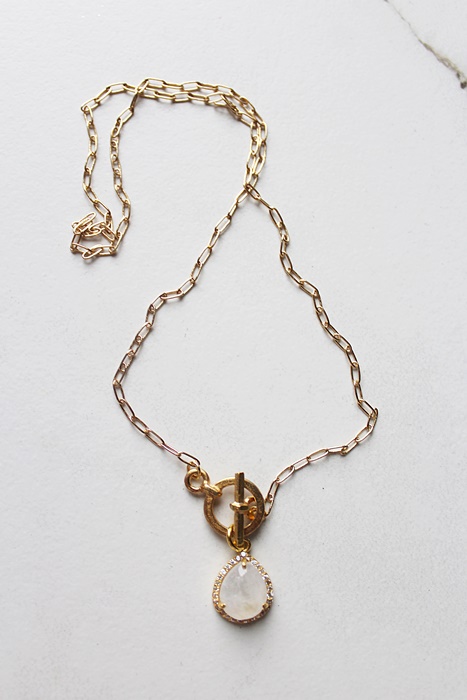 Gold Plated Paper Clip Chain and Moonstone/CZ Pendant Necklace - The Allie Necklace