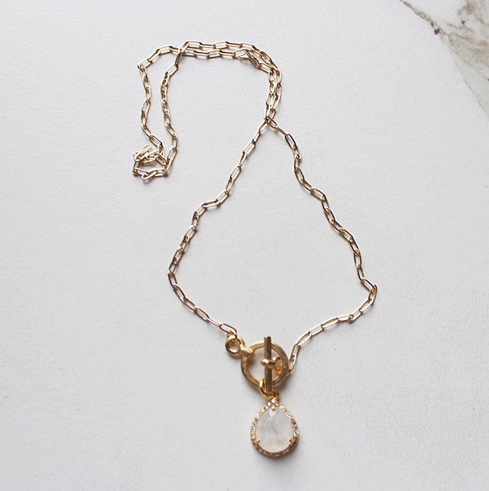 Gold Plated Paper Clip Chain and Moonstone/CZ Pendant Necklace - The Allie Necklace
