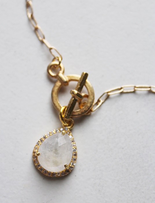 Gold Plated Paper Clip Chain and Moonstone/CZ Pendant Necklace - The Allie Necklace
