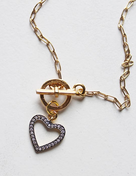 CZ Heart Pendant on Gold Plated Paper Clip Chain - The Sierra Necklace