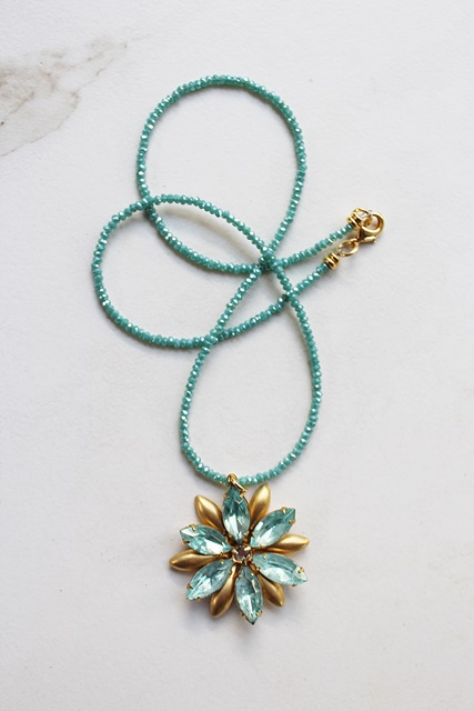 Vintage Brass Aqua Rhinestone Pendant Necklace