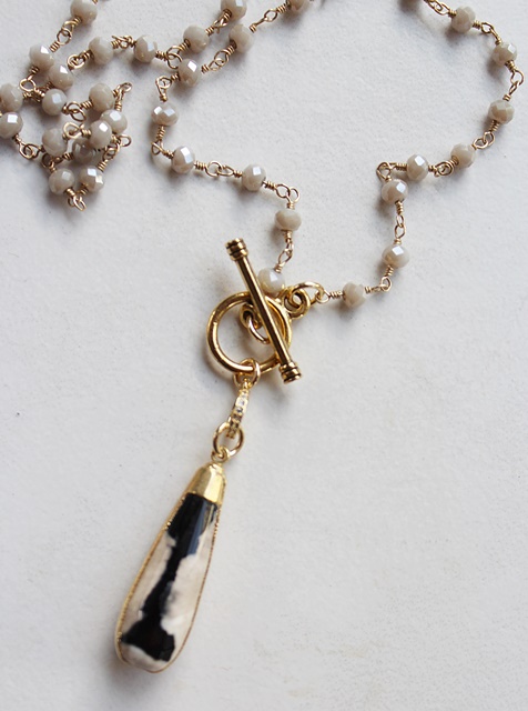 Lace Agate Pendant and Czech Glass Necklace - The Simone Necklace