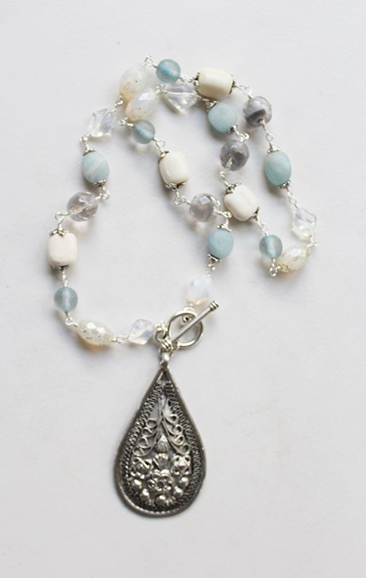 Raw Matte Aquamarine, Bone, Czech Glass Necklace - The Snowfall Necklace