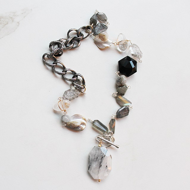 Rutilated Quartz, Labradorite, Shell, Pyrite Necklace - The Tiegen Necklace