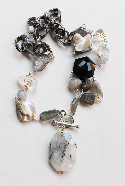 Rutilated Quartz, Labradorite, Shell, Pyrite Necklace - The Tiegen Necklace