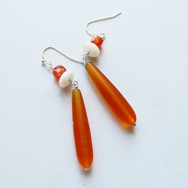 Orange Beach Glass and Carnelian Dangle Earrings - The Cassie Earrings