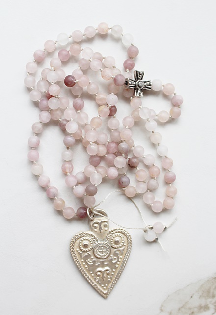 Hand Tied Lavender Rose Madagascar Quartz & Sterling Heart Necklace  - The Amelia Necklace