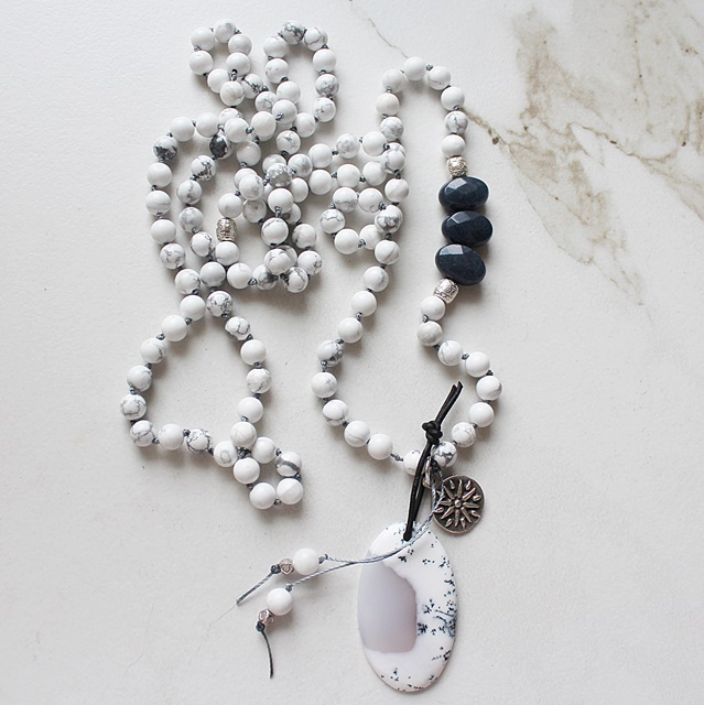 Dendritic Opal Pendant, Magnesite Handknotted Necklace - The Poppy Necklace