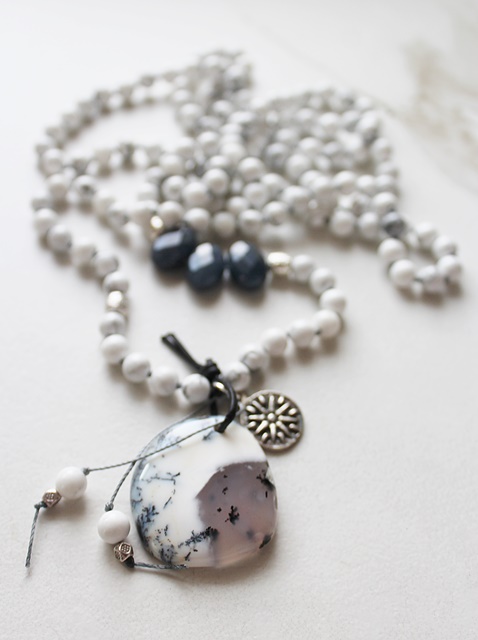 Dendritic Opal Pendant, Magnesite Handknotted Necklace - The Poppy Necklace
