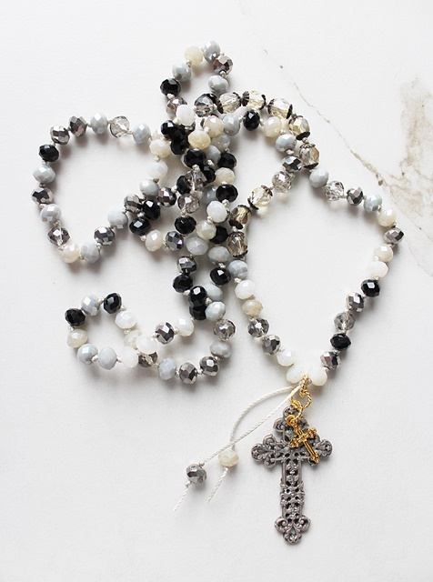 Mixed Czech Glass and Filigree Cross Hand Knotted Necklace - The Glory Necklace